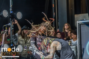 Korn performing at Rockstar Energy Drink Mayhem Festival in Clarkston Michigan at DTE Energy Music Theatre on July 17th 2014